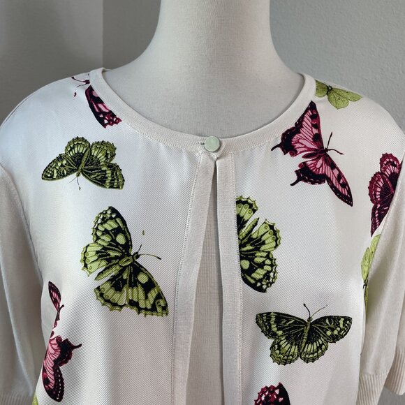 Talbots Sweater Womens XL Silk Butterfly Print Short Sleeve Lightweight Top Pull - Picture 2 of 9
